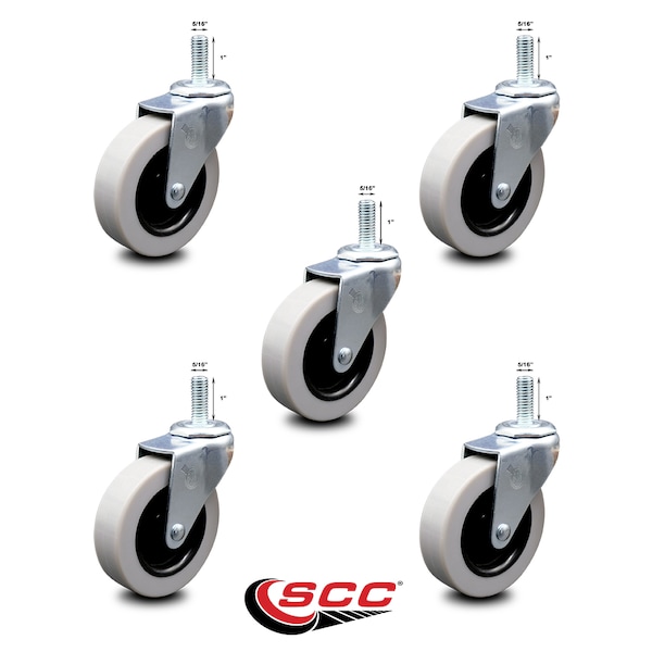 3 Inch Polyurethane Wheel 5/16 Inch Threaded Stem Caster, 5PK